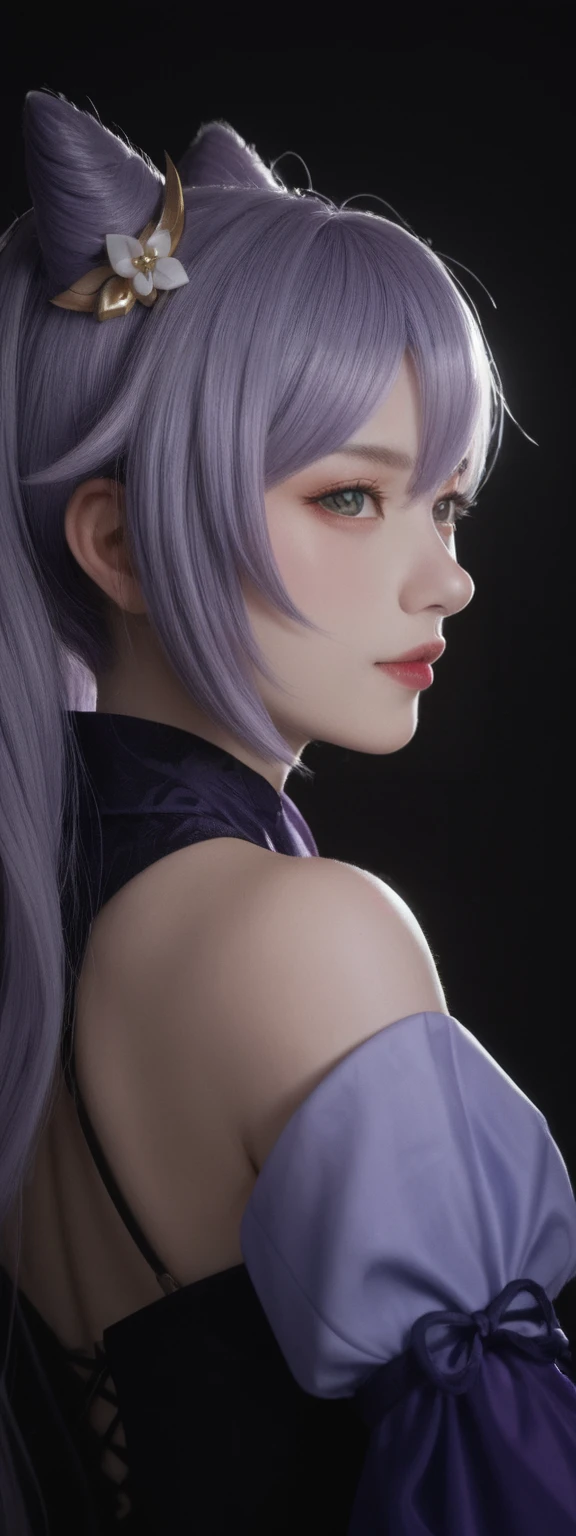 score_9, score_8_up, score_7_up, score_6_up,
 1girl, solo, from front, upper body, Keqing  \(genshin impact\), black background, makeup, sidelighting, backlighting, glowing, 