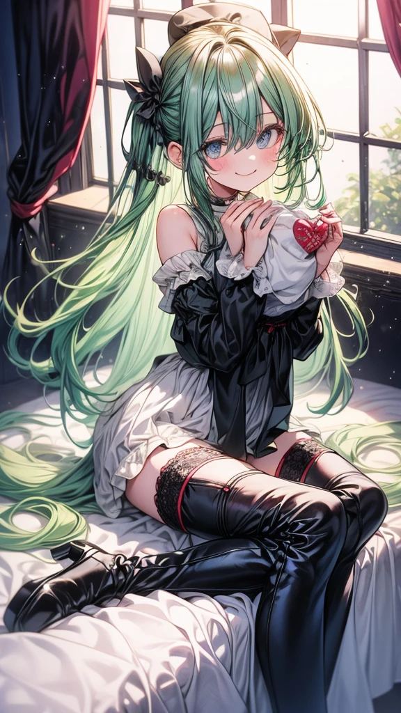 1  girl, high, loner, room, hugs, toy, thigh high boots, heels, long hair, green hair, smile, Cute picture, casual wear, bed, sit on the bed, stockings, window. Огромное пространство, плюшевая игрушка, 
ultra quality, details, 