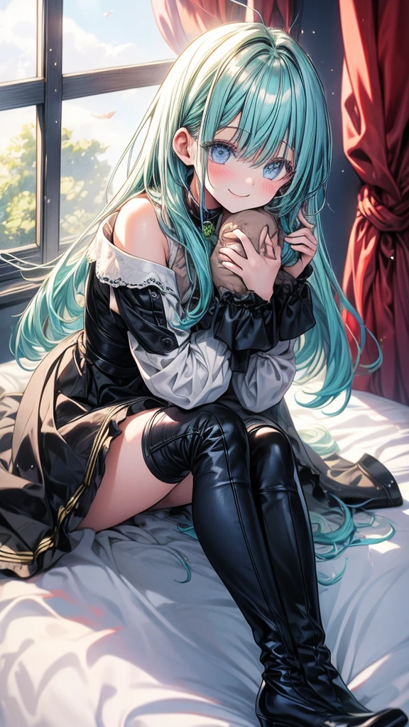 1 girl, high, loner, room, hugs, toy, thigh high boots, heels, long hair, green hair, smile, Cute picture, casual wear, bed, sit on the bed, stockings, window. Огромное пространство, плюшевая игрушка,
ultra quality, details,