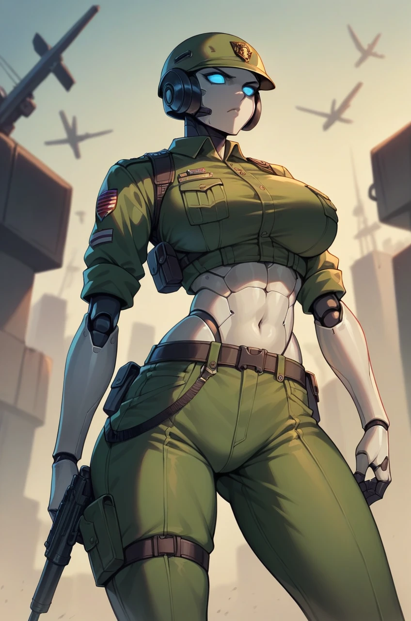 1girl, uniform, combat uniform, robot, heroine, confrontation scene, cool, big breasts, dark heroine, belly button exposed