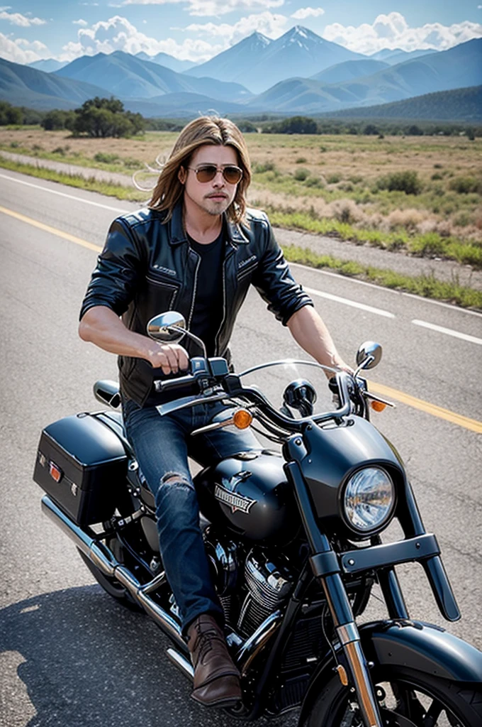 Brad Pitt rides along a country highway on a Harley Davidson motorcycle, hi-tech style, high quality, beautiful nature, Mountains, sky