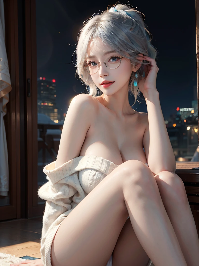 masterpiece, best quality, illustration, (dynamic lighting:1.2), cinematic lighting, reflection, delicate facial features, ultra-detailed eyes, sharp pupils, realistic pupils, depth of field, sharp focus, (hyper-detailed, bloom, glow:1.4), exceptional beauty, alluring face, cute look, multicolored hair, ponytail, high ponytail, (ponytail:1.3), (high_ponytail:1.2), long ponytail, white blue hair, shining hair, bangs, long side bang, enchanting blue eyes, shiny, sparkle, sparkling, elegance, jewelry, ornaments, 1girl, solo focus, medium full shot, cowboy shot, white skin, intense bright, absurdres, high-res, ultra-detailed, large breasts, huge breasts, (huge_breasts:1.3), perfect breasts, hair ornaments, earrings, perfect arms, perfect hands, perfect fingers, detailed hands, detailed fingers, perfect body, perfect, embarrassing, blushing, smiling, angelic, expert shading, extreme light effects, intense bright, glare, sharp eyelash, red lips, dynamic pose, huge smile, beautiful, accurate anatomy, perfect anatomy, looking away, looking up, facing away, facing up, head up, arms up, hands up, tying hair, hand on hair, sitting, on laps, knees high, knees up, legs high, legs up, knees on high, legs on high, open legs, spread legs, showing body curves, eyeglasses, (eyeglasses:1.4), (round_eyeglasses:1.2), wearing glasses, renaissance, sunshine, princess, goddess, crown, tiara, halo, lunar, lunar new year, night market background, lanterns, fireworks, sweater, wearing sweater, winter clothes, wool sweater, white clothes, white sweater, white dress, off shoulder, no straps, strapless, no sleeves, sleeveless, no pants, bottomless, exposed panties, bare thighs, perfect thighs, naked thighs, thin thighs, small thighs, thin legs, small legs, perfect legs, showing legs, visible legs, ass, perfect ass, exposed ass, bare ass, naked ass, butt, exposed butt, bare butt, perfect butt, naked butt, cameltoe, visible cameltoe, pussy,