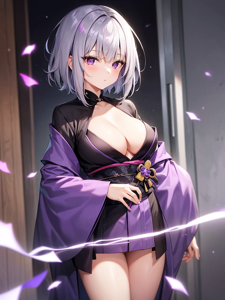 Short Hair、Gray hair with purple tips、She is wearing a completely black kimono with no purple in it.、Robe