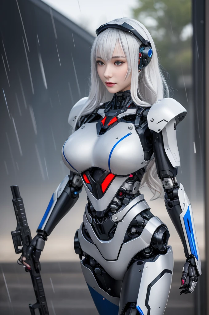 Super Detail, High Detail, high quality, best quality, High resolution,1 female robot,Beautiful female robot,beautiful clear face(Rain waves_haneame:1.5), Realistic, High resolution, Soft Light,Hips up, (Detailed face), silver hair, long hair, Mecha Maiden, Colorful mechanical parts, mechanical joint, Thick mechanical armor(Highlight breast curves),Weaponry, black metal body, Tech Antenna Helmet