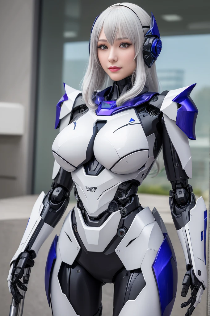 Super Detail, High Detail, high quality, best quality, High resolution，1 female robot，Beautiful female robot,beautiful clear face(Rain waves_haneame：1.5)， Realistic, High resolution, Soft Light,Hips up, (Detailed face), silver hair, long hair, Mecha Maiden, Colorful mechanical parts, mechanical joint, Thick mechanical armor(Highlight breast curves),Weaponry, black metal body, Tech Antenna Helmet