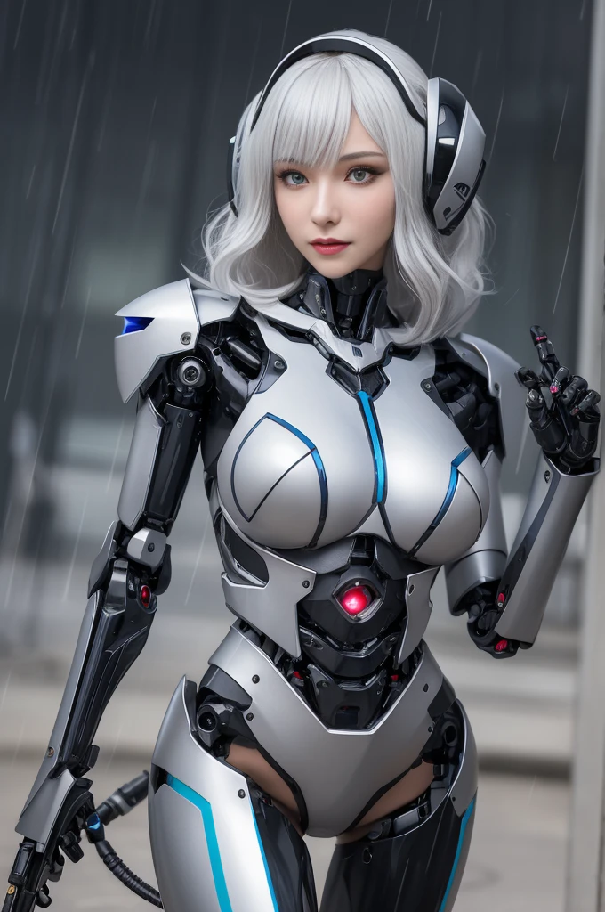Super Detail, High Detail, high quality, best quality, High resolution,1 female robot,Beautiful female robot,beautiful clear face(Rain waves_haneame:1.5), Realistic, High resolution, Soft Light,Hips up, (Detailed face), silver hair, long hair, Mecha Maiden, Colorful mechanical parts, mechanical joint, Thick mechanical armor(Highlight breast curves),Weaponry, black metal body, Tech Antenna Helmet
