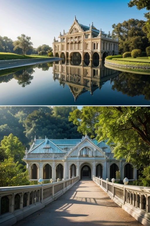 Create a glass bridge made of crystal, a palace with a porch also made of crystal; a car with a kerosene engine is driving along the road.