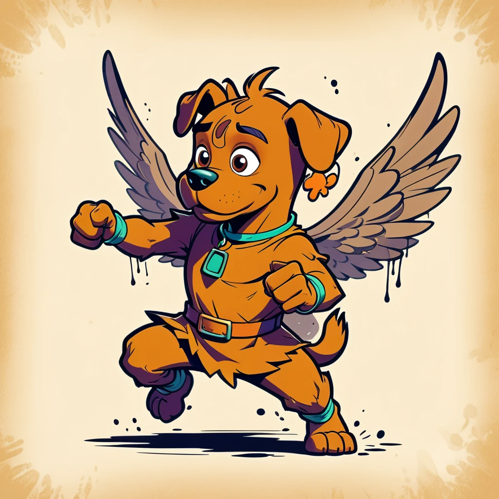 1960s design, vintage retro scrappy doo, screen grab Scooby Doo TV show, solid color design, 1960's Scooby Doo color style, expressive sketch bold ink lines, upright fists up to box, fighting stance, splash page comic, distinct scrappy doo design and iconic resemblance to the character scrappy doo, alone solo Scrappy Doo, flying, with wings, winged scrappy doo, ornate detailed feathers on wings, clearly scrappy doo, short small dog Scooby Doo distinct to original cartoon, scene is minimal, serene, perfect, strange, candid, cinematic, surreal, and timeless. The style is a mix of realism and cartoon, with 90s comic aesthetics, expressive ink work, cinematic compositions, and nuanced details. The style is reminiscent of Joelle Jones and 90's scooby doo animated tv show, scooby doo distinct art style,