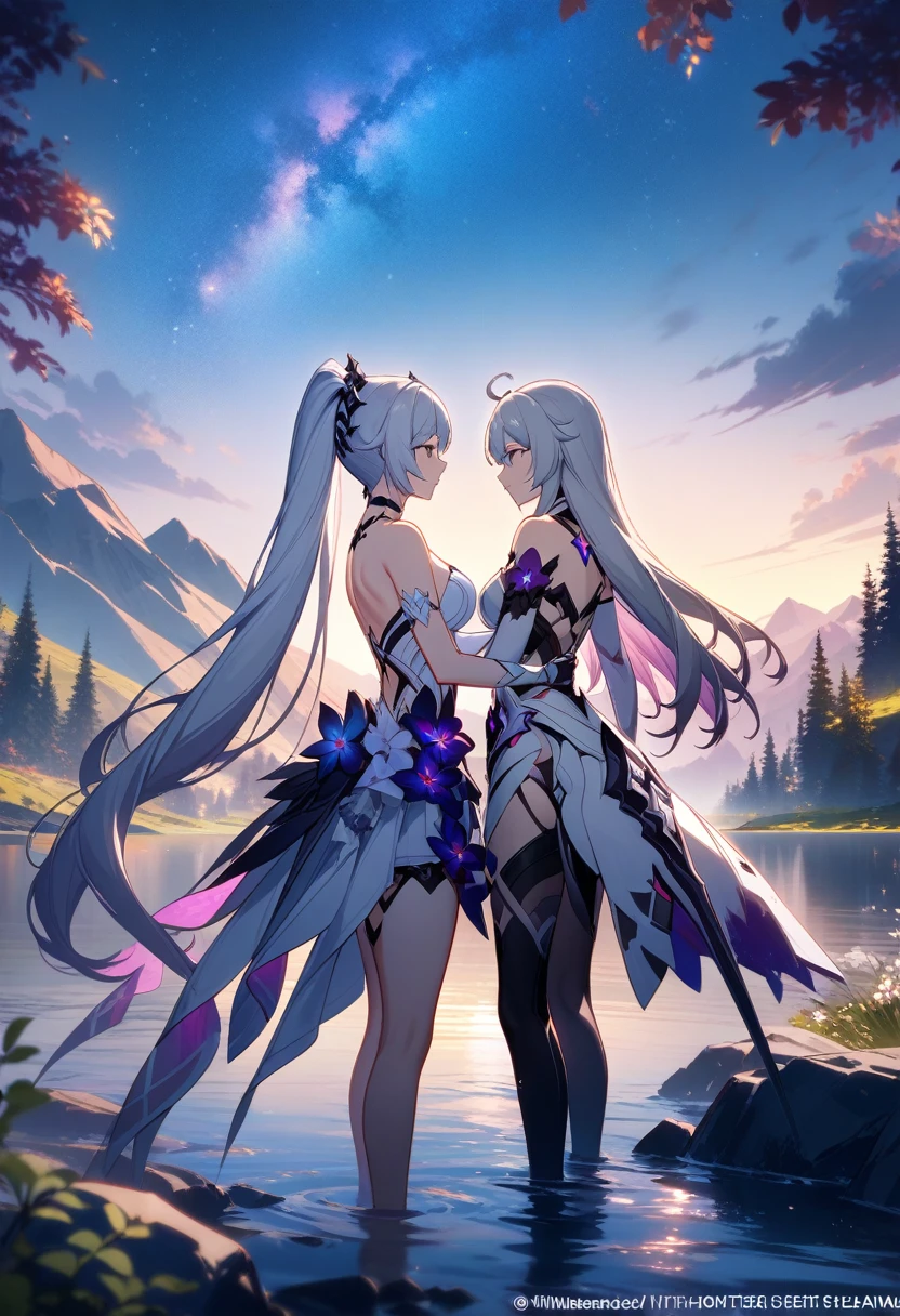 a beautiful detailed yuri scene of 2girls, Kiana Kaslana \(Herrscher of Finality)\ and Raiden Mei \(APHO)\, (Honkai Impact 3rd), very long hair, ponytail, in a scenic landscape with mountains, a lake, and a starry nebula sky, romantic atmosphere, head another's shoulders, (best quality,4k,8k,highres,masterpiece:1.2),ultra-detailed, studio lighting, extremely detailed environment, vibrant colors, cinematic lighting