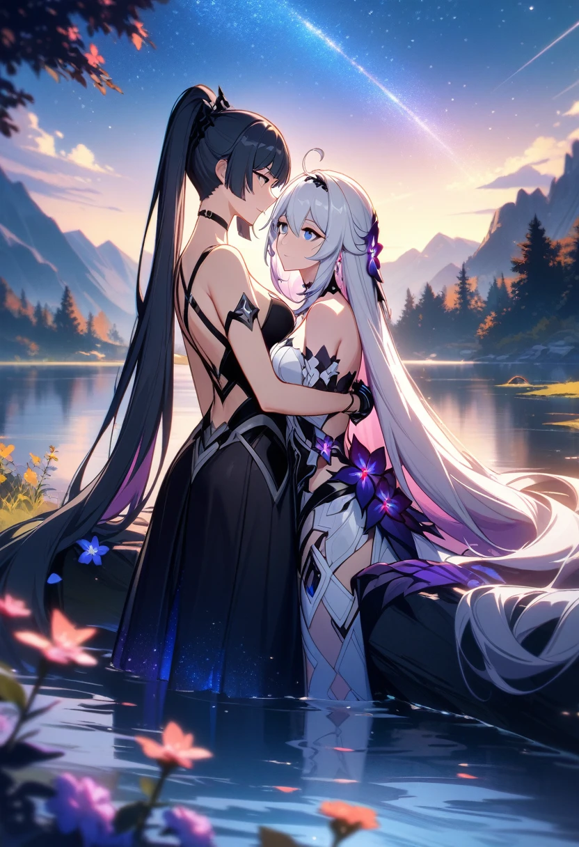 a beautiful detailed yuri scene of 2girls, Kiana Kaslana \(Herrscher of Finality)\ and Raiden Mei \(APHO)\, (Honkai Impact 3rd), very long hair, ponytail, in a scenic landscape with mountains, a lake, and a starry nebula sky, romantic atmosphere, head another's shoulders, (best quality,4k,8k,highres,masterpiece:1.2),ultra-detailed, studio lighting, extremely detailed environment, vibrant colors, cinematic lighting