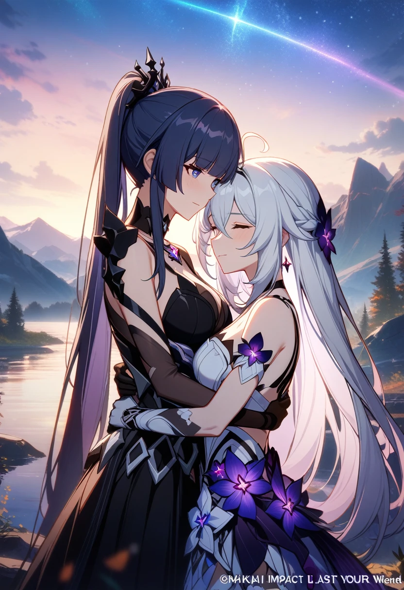 a beautiful detailed yuri scene of 2girls, Kiana Kaslana \(Herrscher of Finality)\ and Raiden Mei \(APHO)\, (Honkai Impact 3rd), very long hair, ponytail, in a scenic landscape with mountains, a lake, and a starry nebula sky, romantic atmosphere, head another's shoulders, (best quality,4k,8k,highres,masterpiece:1.2),ultra-detailed, studio lighting, extremely detailed environment, vibrant colors, cinematic lighting