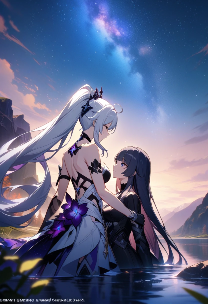 a beautiful detailed yuri scene of 2girls, Kiana Kaslana \(Herrscher of Finality)\ and Raiden Mei \(APHO)\, (Honkai Impact 3rd), very long hair, ponytail, in a scenic landscape with mountains, a lake, and a starry nebula sky, romantic atmosphere, head another's shoulders, (best quality,4k,8k,highres,masterpiece:1.2),ultra-detailed, studio lighting, extremely detailed environment, vibrant colors, cinematic lighting