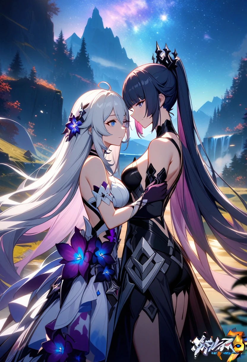 a beautiful detailed yuri scene of 2girls, Kiana Kaslana \(Herrscher of Finality)\ and Raiden Mei \(APHO)\, (Honkai Impact 3rd), very long hair, ponytail, in a scenic landscape with mountains, a lake, and a starry nebula sky, romantic atmosphere, head another's shoulders, (best quality,4k,8k,highres,masterpiece:1.2),ultra-detailed, studio lighting, extremely detailed environment, vibrant colors, cinematic lighting