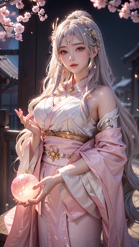(Holding a glowing crystal ball in both hands)),Positive,Front composition,Upper Body,((Watching the audience)),Luxurious gold and white kimono,Cherry blossom hair accessory,Long, silvery hair,Cherry blossom hair accessory,Beautiful and delicate face,blush,cherry pink eyes,big eyes,Extremely fine resolution,Top quality,(Pink Moon),mysterious,Cherry Blossoms at Night