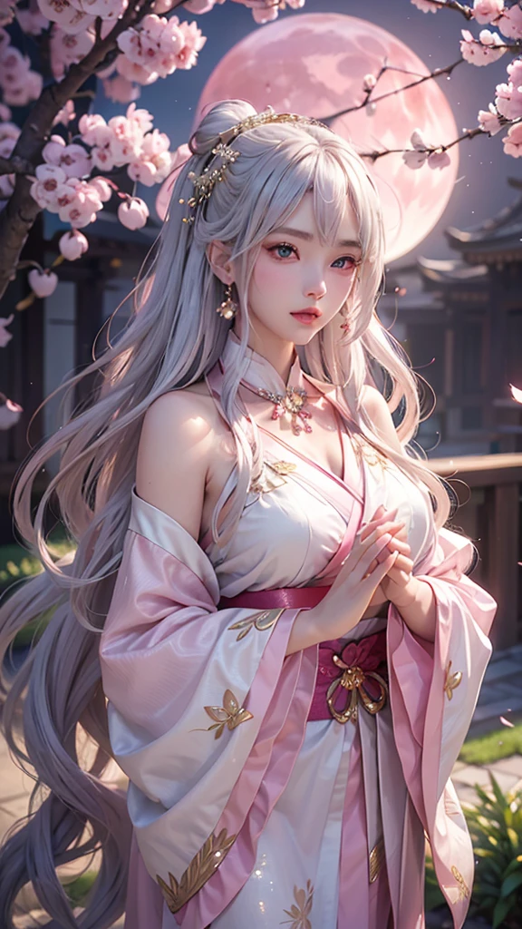 (Holding a glowing crystal ball in both hands)),Positive,Front composition,Upper Body,((Watching the audience)),Luxurious gold and white kimono,Cherry blossom hair accessory,Long, silvery hair,Cherry blossom hair accessory,Beautiful and delicate face,blush,cherry pink eyes,big eyes,Extremely fine resolution,Top quality,(Pink Moon),mysterious,Cherry Blossoms at Night