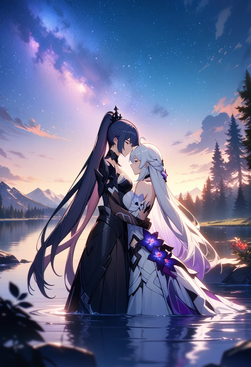 a beautiful detailed yuri scene of 2girls, Kiana Kaslana \(Herrscher of Finality)\ and Raiden Mei \(APHO)\, (Honkai Impact 3rd), very long hair, ponytail, in a scenic landscape with mountains, a lake, and a starry nebula sky, romantic atmosphere, head another's shoulders, (best quality,4k,8k,highres,masterpiece:1.2),ultra-detailed, studio lighting, extremely detailed environment, vibrant colors, cinematic lighting