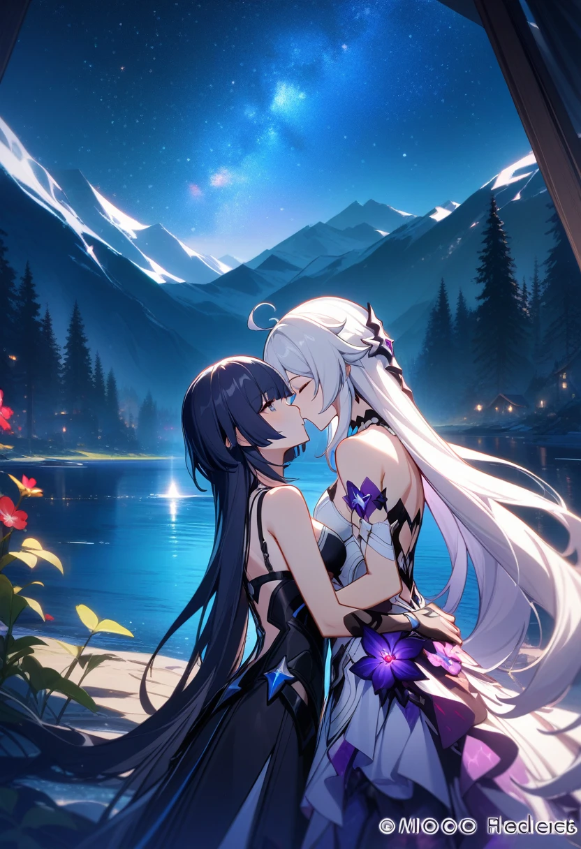 a beautiful detailed yuri scene of 2girls, Kiana Kaslana \(Herrscher of Finality)\ and Raiden Mei \(APHO)\, (Honkai Impact 3rd), very long hair, ponytail, in a scenic landscape with mountains, a lake, and a starry nebula sky, romantic atmosphere, head another's shoulders, (best quality,4k,8k,highres,masterpiece:1.2),ultra-detailed, studio lighting, extremely detailed environment, vibrant colors, cinematic lighting