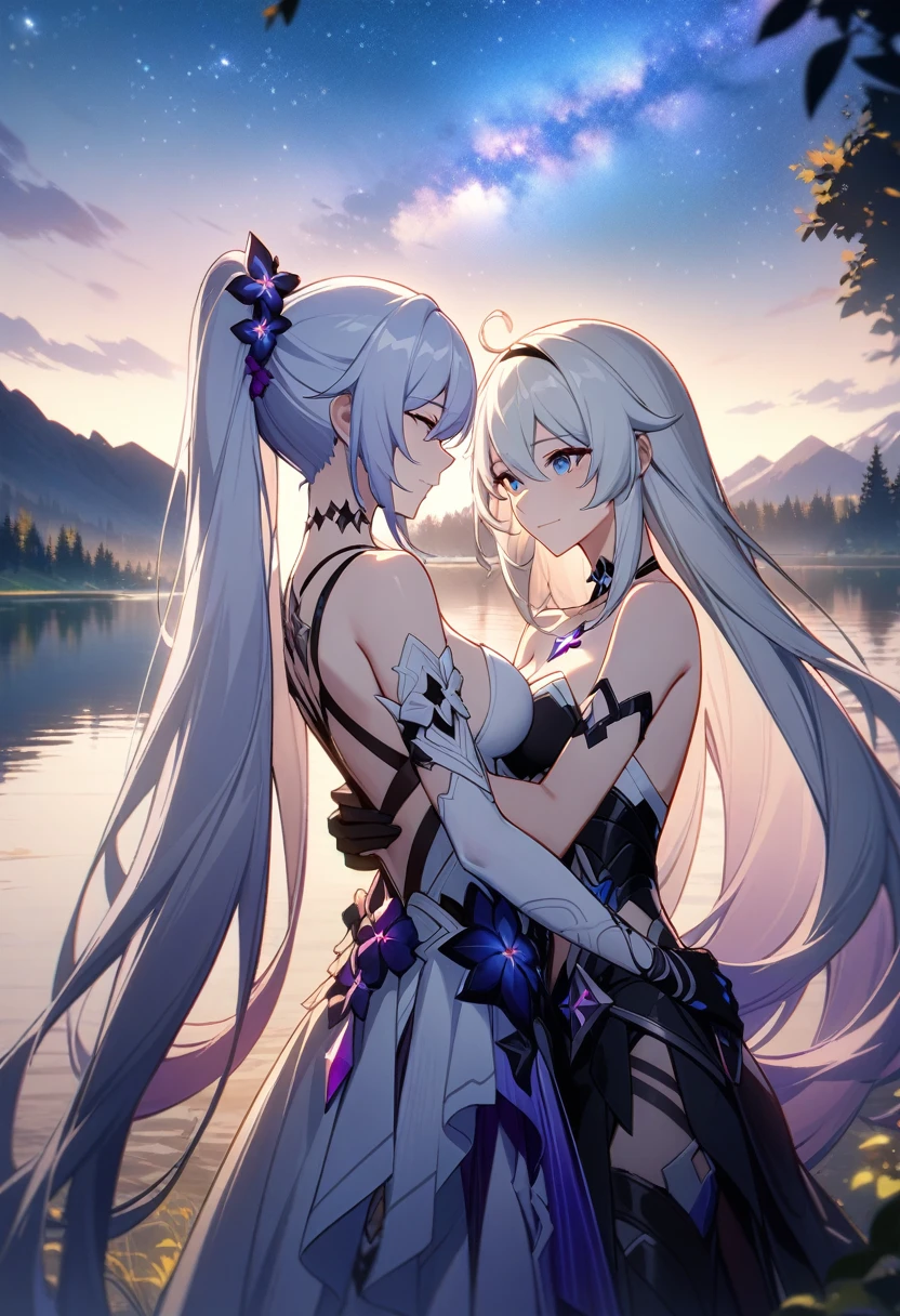 a beautiful detailed yuri scene of 2girls, Kiana Kaslana \(Herrscher of Finality)\ and Raiden Mei \(APHO)\, (Honkai Impact 3rd), very long hair, ponytail, in a scenic landscape with mountains, a lake, and a starry nebula sky, romantic atmosphere, head another's shoulders, (best quality,4k,8k,highres,masterpiece:1.2),ultra-detailed, studio lighting, extremely detailed environment, vibrant colors, cinematic lighting
