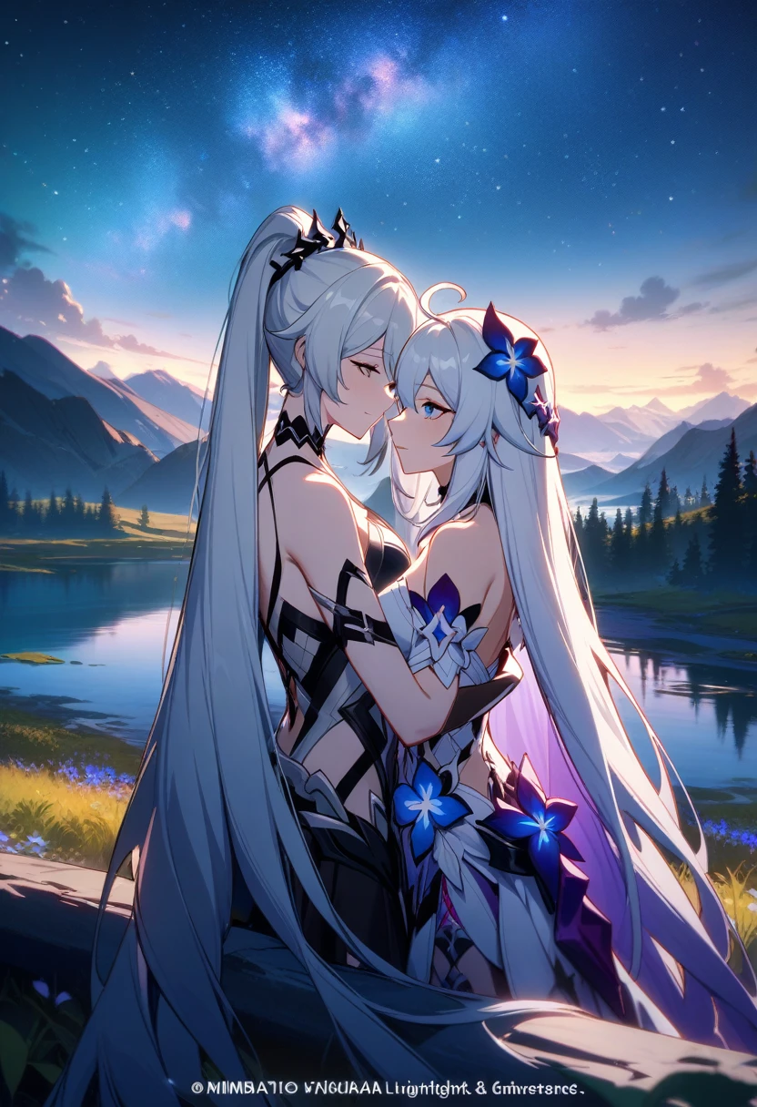 a beautiful detailed yuri scene of 2girls, Kiana Kaslana \(Herrscher of Finality)\ and Raiden Mei \(APHO)\, (Honkai Impact 3rd), very long hair, ponytail, in a scenic landscape with mountains, a lake, and a starry nebula sky, romantic atmosphere, head another's shoulders, (best quality,4k,8k,highres,masterpiece:1.2),ultra-detailed, studio lighting, extremely detailed environment, vibrant colors, cinematic lighting
