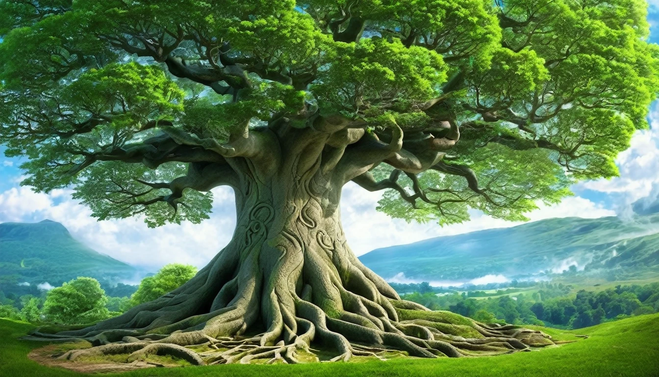 Yggdrasil is the mythical world tree in Norse cosmology。。, Connecting the nine worlds. The branches reach the sky、Often depicted as a giant ash tree with roots in the underworld。.