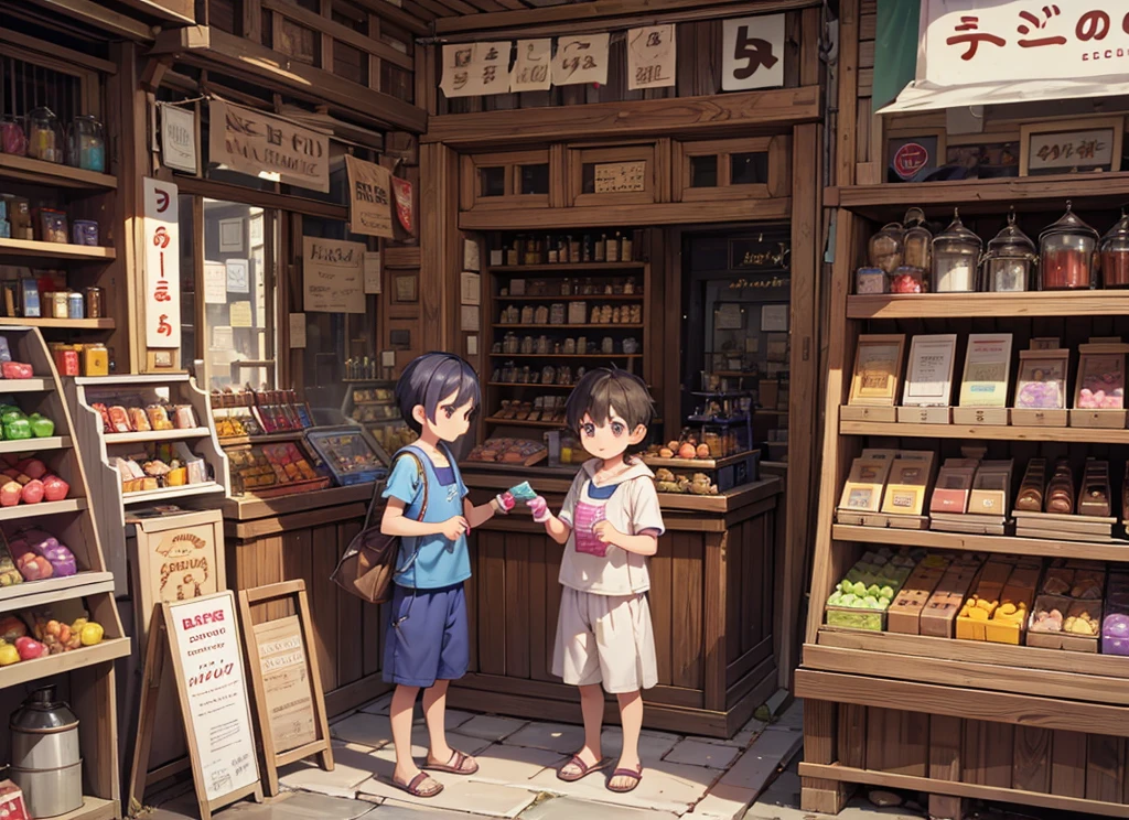 In sweet shop a young boy shopkeeper who stand in his shop and he gave a packet of a sweets to a villager young boy who pick the pack of sweets from shopkeeper