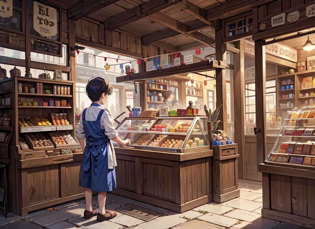 In sweet shop a young boy shopkeeper who stand in his shop and he gave a packet of a sweets to a villager young boy who pick the pack of sweets from shopkeeper