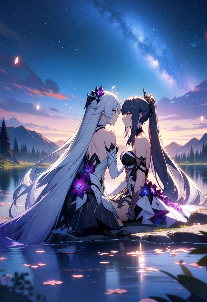 a beautiful detailed yuri scene of 2girls, Kiana Kaslana \(Herrscher of Finality)\ and Raiden Mei \(APHO)\, (Honkai Impact 3rd), very long hair, ponytail, in a scenic landscape with mountains, a lake, and a starry nebula sky, romantic atmosphere, head another's shoulders, (best quality,4k,8k,highres,masterpiece:1.2),ultra-detailed, studio lighting, extremely detailed environment, vibrant colors, cinematic lighting