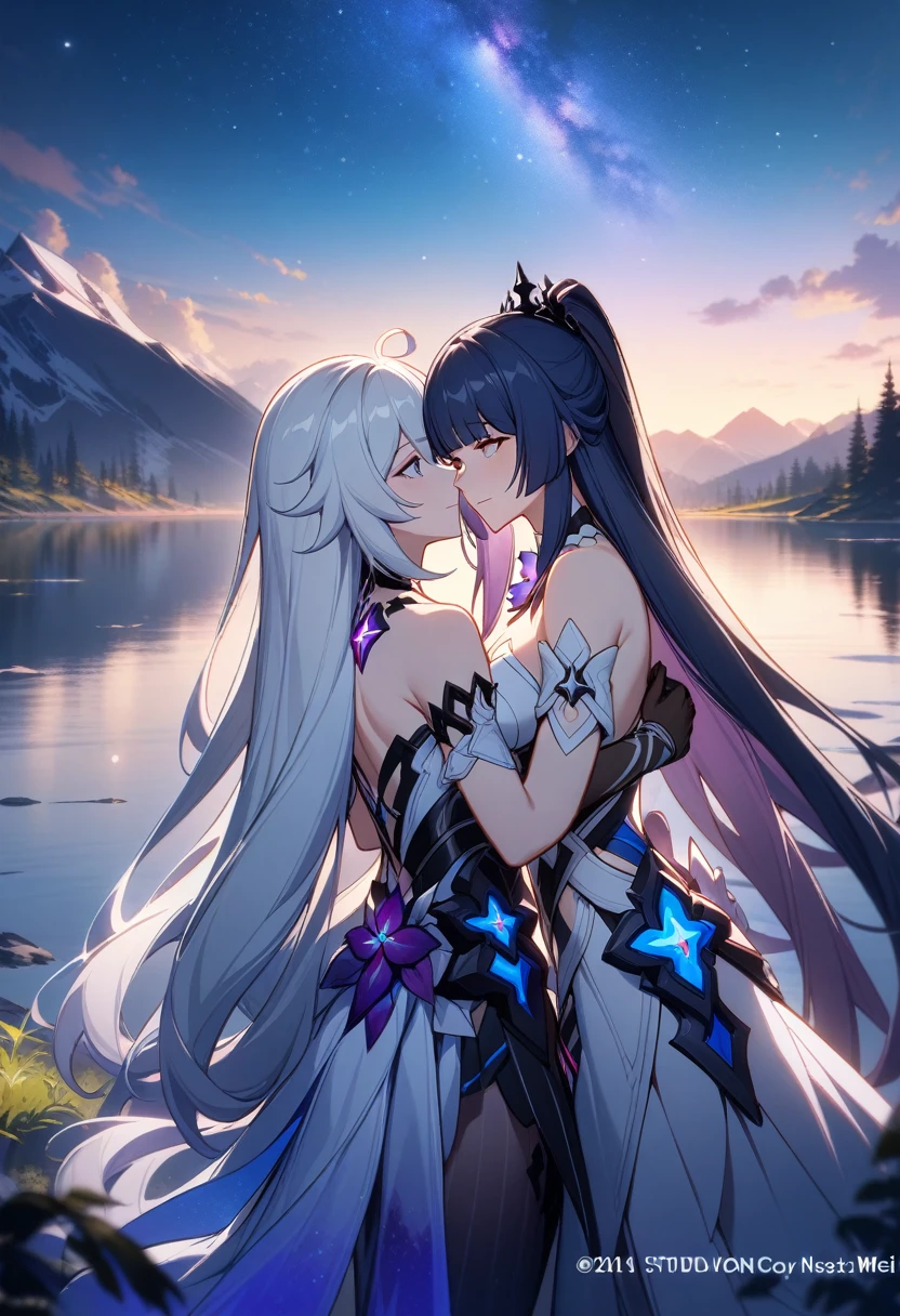 a beautiful detailed yuri scene of 2girls, Kiana Kaslana \(Herrscher of Finality)\ and Raiden Mei \(APHO)\, (Honkai Impact 3rd), very long hair, ponytail, in a scenic landscape with mountains, a lake, and a starry nebula sky, romantic atmosphere, head another's shoulders, (best quality,4k,8k,highres,masterpiece:1.2),ultra-detailed, studio lighting, extremely detailed environment, vibrant colors, cinematic lighting