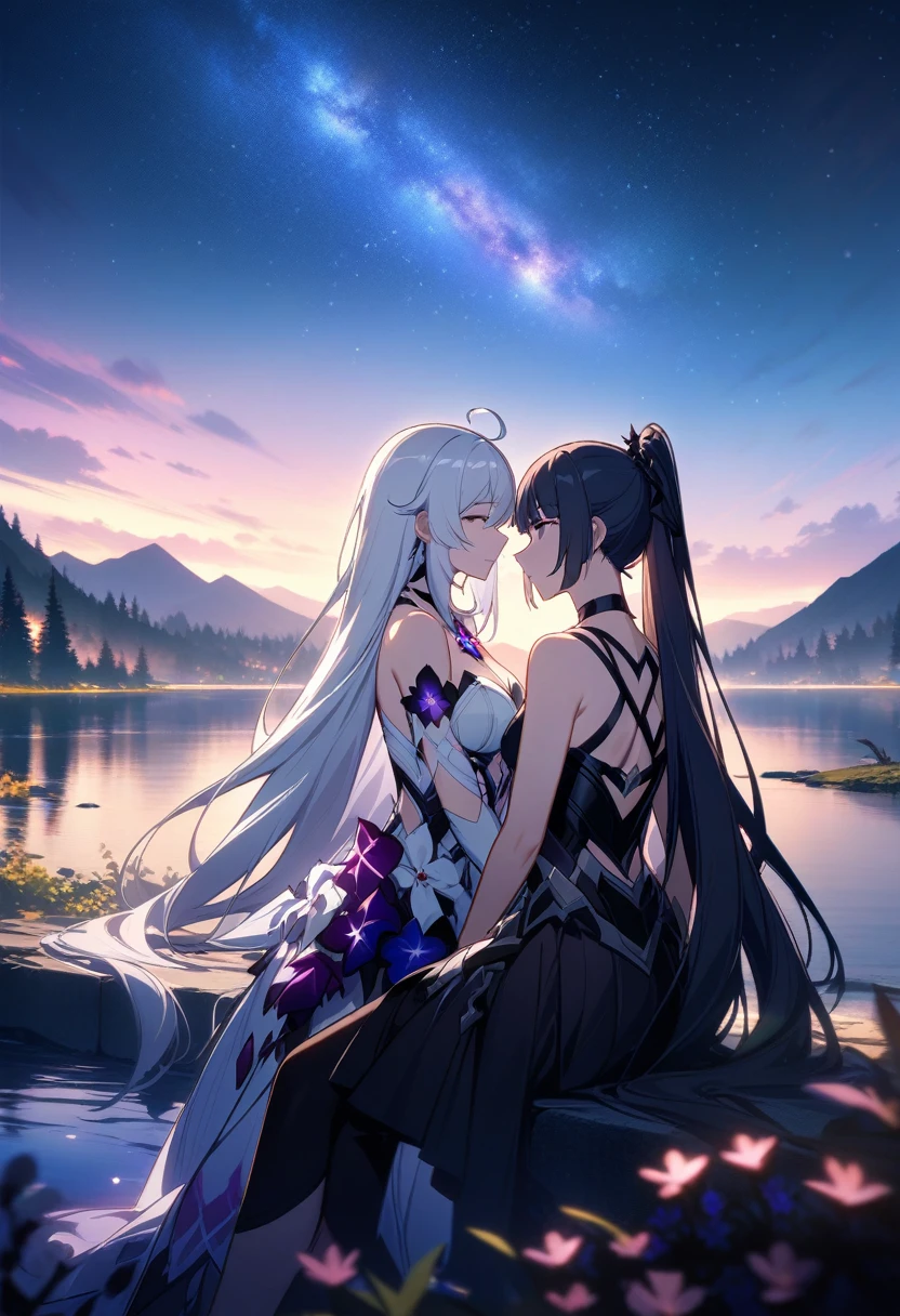 a beautiful detailed yuri scene of 2girls, Kiana Kaslana \(Herrscher of Finality)\ and Raiden Mei \(APHO)\, (Honkai Impact 3rd), very long hair, ponytail, in a scenic landscape with mountains, a lake, and a starry nebula sky, romantic atmosphere, head another's shoulders, (best quality,4k,8k,highres,masterpiece:1.2),ultra-detailed, studio lighting, extremely detailed environment, vibrant colors, cinematic lighting