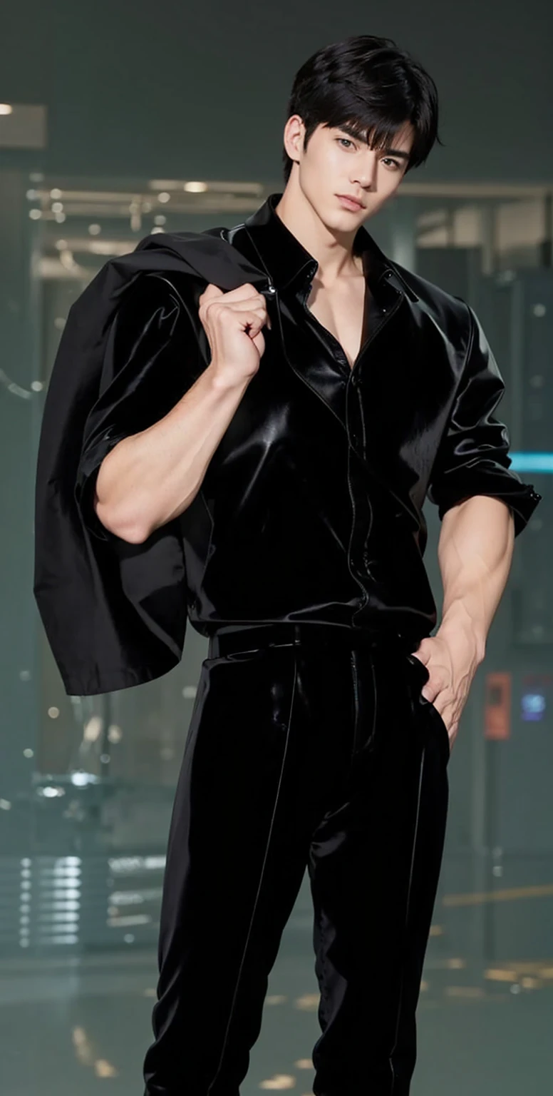 at office,wearing black leather coat,two block haircut, Attractive man,Live-action photo,Handsome and sunny,(SLR effect,Reality,8K,Hyper-detailing,Absolute realism)