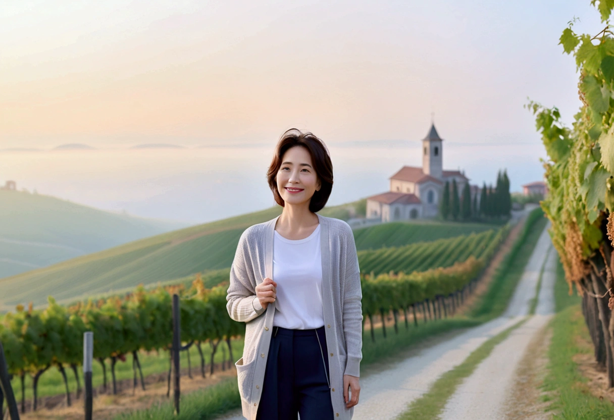 8k best picture quality, Beautiful 36-year-old Korean woman,  size 34 inches, northern italy countryside dawn, View of the cathedral next to the vineyards, The back background is realistic and vivid quality., Short hair, High-end luxury brand white shirt and cardigan, Wear casual pants, Smile slightly. the background is clear, It is spring, when grapes have not yet ripened. Standing on a hill on a curved path overlooking a vineyard covered in thick fog, Clear picture quality, Wear high-end luxury brand sunglasses, sunglasses with clear lines, Spring landscape without grapes, Well-groomed hair, Pretty and beautiful like a model, wearing a short cardigan. Well-groomed hair, Dress modestly