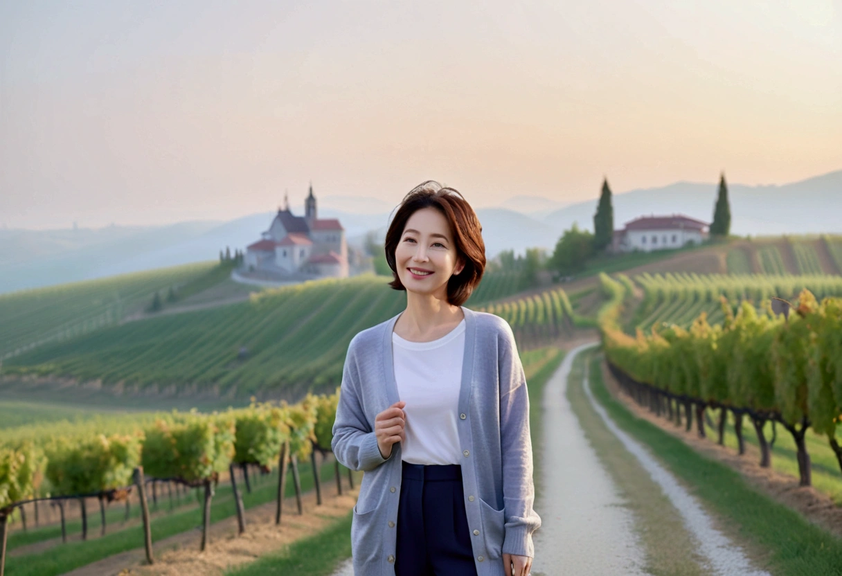 8k best picture quality, Beautiful 36-year-old Korean woman, Chest size 34 inches, northern italy countryside dawn, View of the cathedral next to the vineyards, The back background is realistic and vivid quality., Short hair, High-end luxury brand white shirt and cardigan, Wear casual pants, Smile slightly. the background is clear, It is spring, when grapes have not yet ripened. Standing on a hill on a curved path overlooking a vineyard covered in thick fog, Clear picture quality, Wear high-end luxury brand sunglasses, sunglasses with clear lines, Spring landscape without grapes, Well-groomed hair, Pretty and beautiful like a model, wearing a short cardigan. Well-groomed hair, Dress modestly