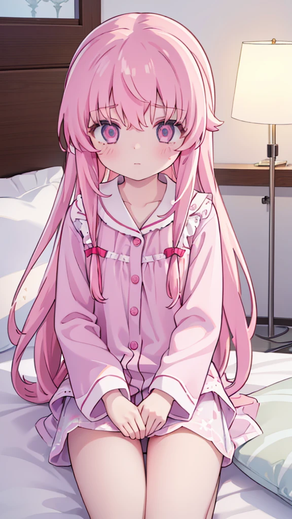 1girl solo pink hair, pink eyes with love, detailed eyes, cute eyes, straight hair, long hair, straight bangs, shiny hair, pink pajamas and white long sleeves, sleepwear outfit sleeping, closed eyes, sleeping side way on a white bed with a pink pillow, dark beacause its night, the only thing that have light is the lamp, high-definition,masterpiece, masterpiece, best quality, high resolution, aabeta, cute, close up photo(PastelColors: 1.3)