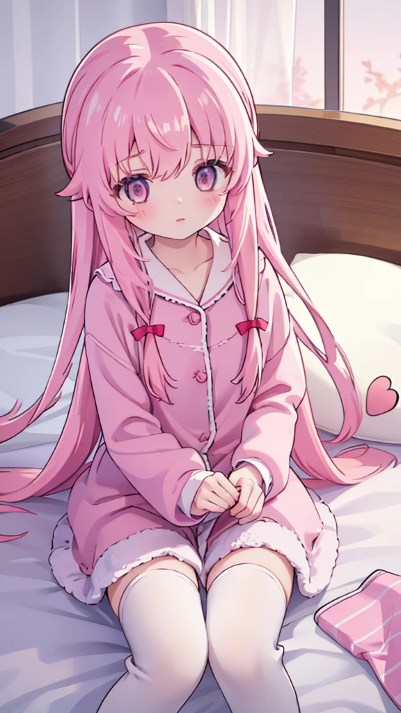 1girl solo pink hair, pink eyes with love, detailed eyes, cute eyes, straight hair, long hair, straight bangs, shiny hair, pink pajamas and white long sleeves, sleepwear outfit sleeping, closed eyes, sleeping side way on a white bed with a pink pillow, dark beacause its night, the only thing that have light is the lamp, high-definition,masterpiece, masterpiece, best quality, high resolution, aabeta, cute, close up photo(PastelColors: 1.3)