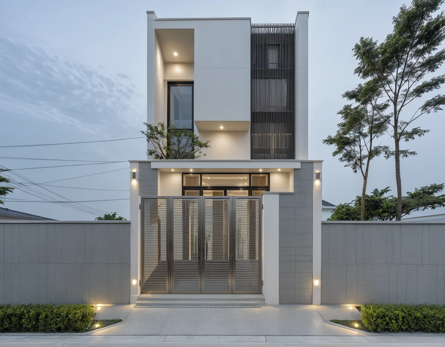 RAW photo, a photo of a modern house, (curvilinear chrchitecture:1.4), Wabisabi style rounded wall, white wall, steel dark gate, sidewalk, sidewalk trees, ((grey gate:1.2)), road, viet nam modern residence, ((architectural shot)), rough white wall, new residential area, wide angle exterior 2022, contemporary house, exterior photography, masterpiece, contemporary architecture, overcast, indirect lighting