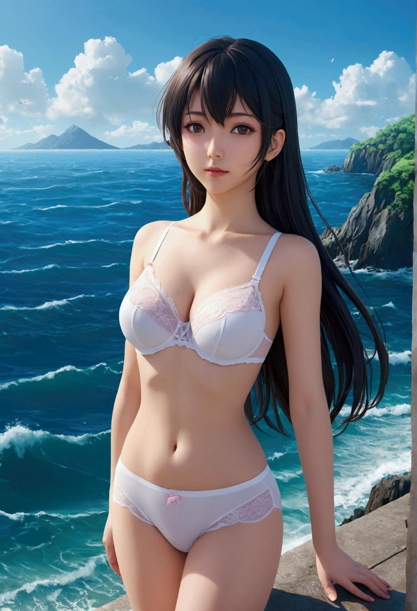 Generate a image of a anime girl standing near a sea where we can see her wearing just a panty and a bra