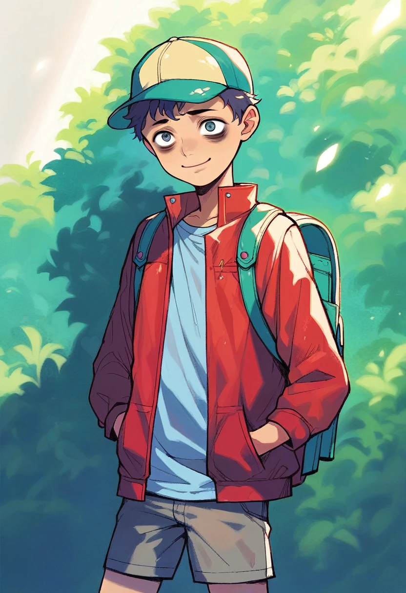 (((Masterpiece))), best quality, cowboy shot, perfect anatomy, realistic face, outdoors, sunny, warm sunlight, painterly 1boy, (((shota))), wavy hair, solo, red jacket, three quarter view, cap, backpack, hand in pocket, light smile, bags under eyes
