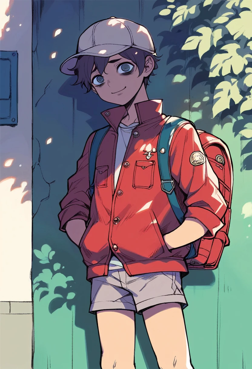 (((Masterpiece))), best quality, cowboy shot, perfect anatomy, realistic face, outdoors, sunny, warm sunlight, painterly 1boy, (((shota))), wavy hair, solo, red jacket, three quarter view, cap, backpack, hand in pocket, light smile, bags under eyes