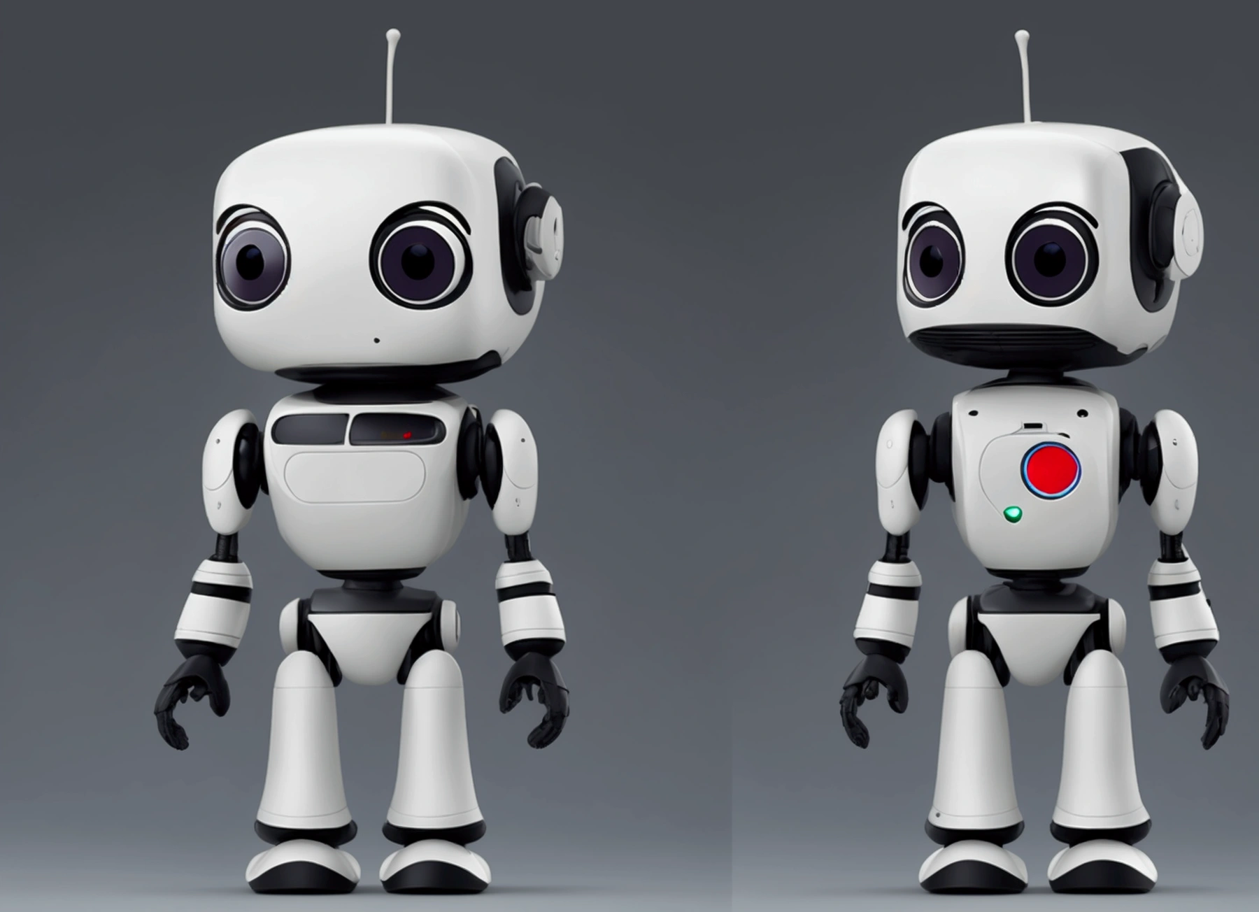 small tender robot like wally-e , short legs, reactangular rectangular head with eyes ((front, side, back views of the same character)) , white background 