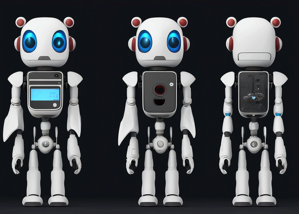 small tender robot like wally-e , short legs, reactangular rectangular head with eyes ((front, side, back views of the same character)) , white background 