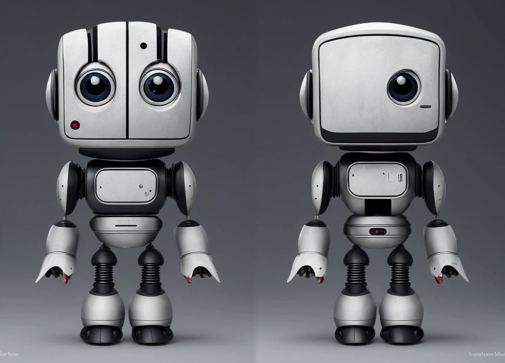 small tender robot like wally-e , short legs, reactangular rectangular head with eyes ((front, side, back views of the same character)) , white background 