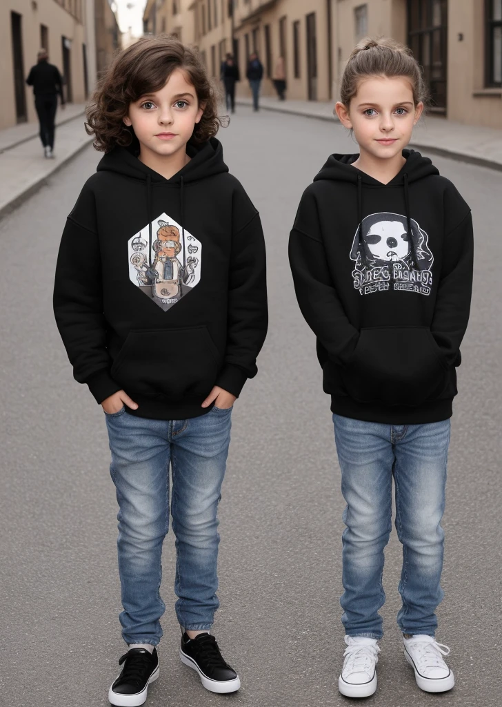 super realistico. A boy and an 8 year old girl wearing a black sweatshirt . round goka cakca jeans. White fundi. 