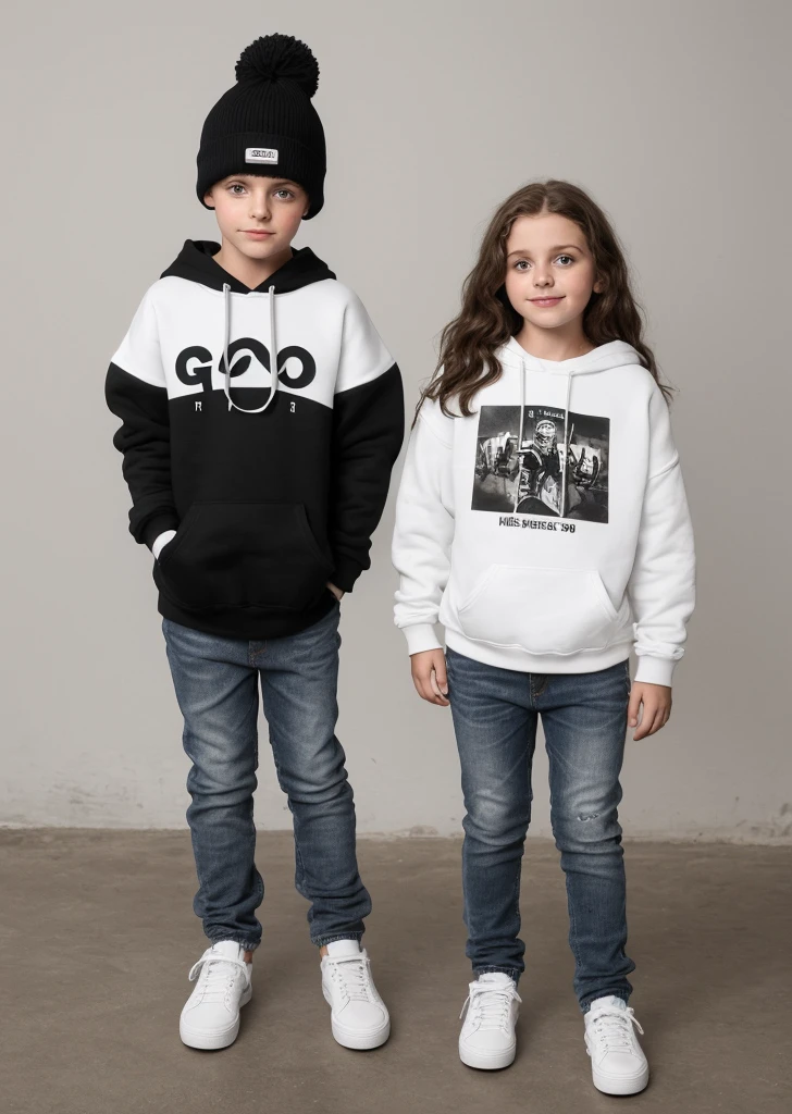 super realistico. A boy and an 8 year old girl wearing a black sweatshirt . round goka cakca jeans. White fundi. 
