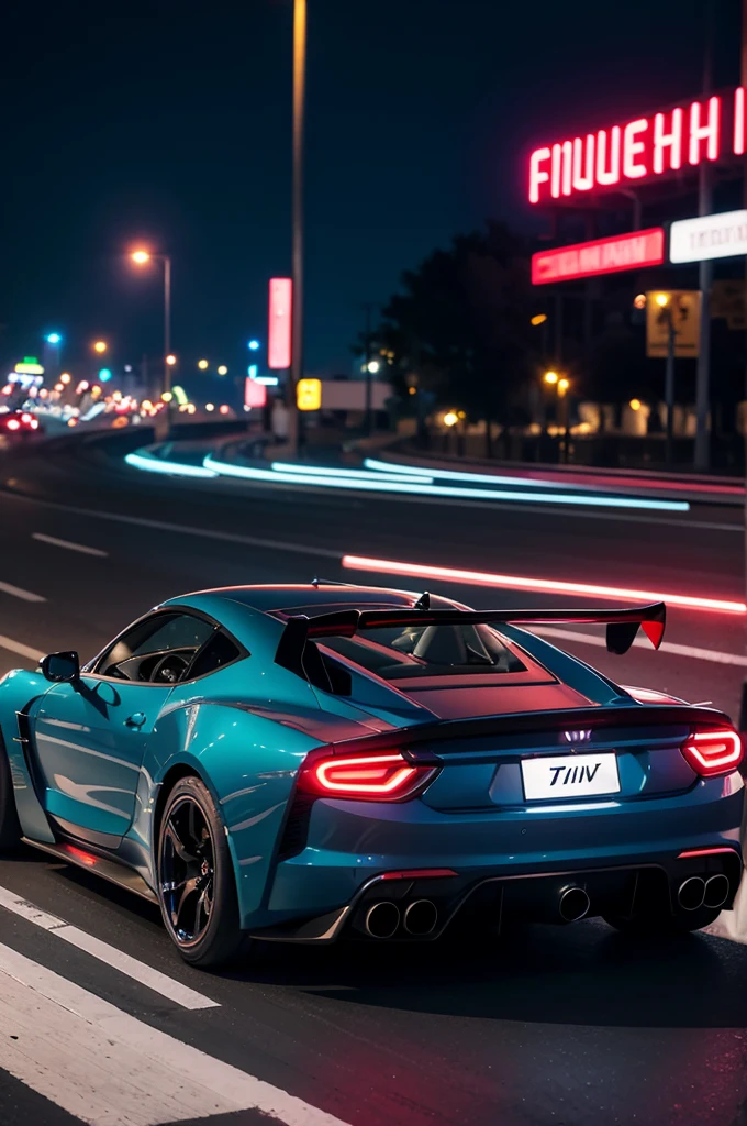 "Cover of a drift phonk track featuring fast, sports car drifting in a corner. Tło to futurystyczne miasto nocą z neonowymi światłami i wysokimi wieżowcami. Reflections of lights and smoke rising from under the wheels are visible on the street. The art style should be dynamic and neon, with intense colors and contrasts, reflecting the energy and atmosphere of night driving."