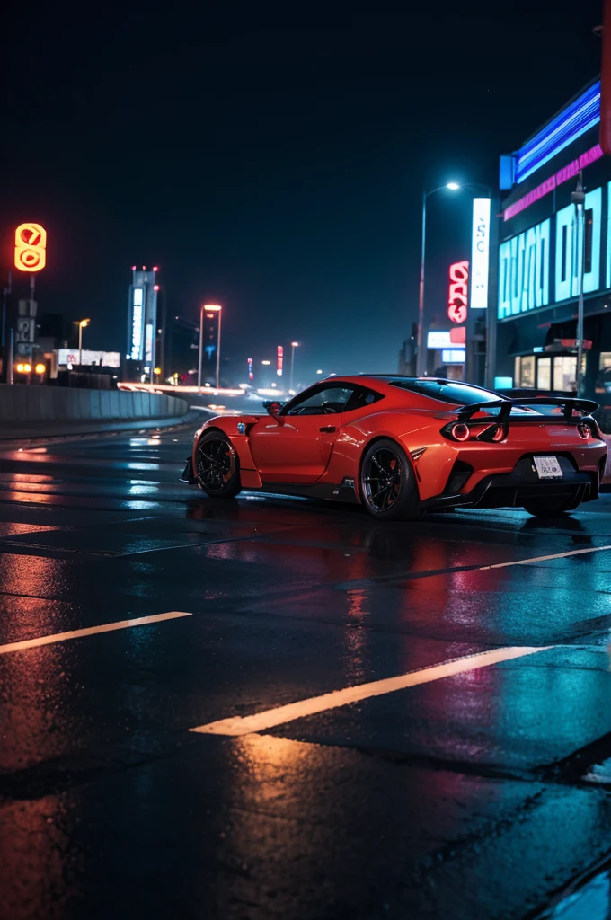"Cover of a drift phonk track featuring fast, sports car drifting in a corner. Tło to futurystyczne miasto nocą z neonowymi światłami i wysokimi wieżowcami. Reflections of lights and smoke rising from under the wheels are visible on the street. The art style should be dynamic and neon, with intense colors and contrasts, reflecting the energy and atmosphere of night driving."