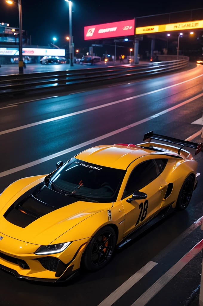 "Cover of a drift phonk track featuring fast, sports car drifting in a corner. Tło to futurystyczne miasto nocą z neonowymi światłami i wysokimi wieżowcami. Reflections of lights and smoke rising from under the wheels are visible on the street. The art style should be dynamic and neon, with intense colors and contrasts, reflecting the energy and atmosphere of night driving."