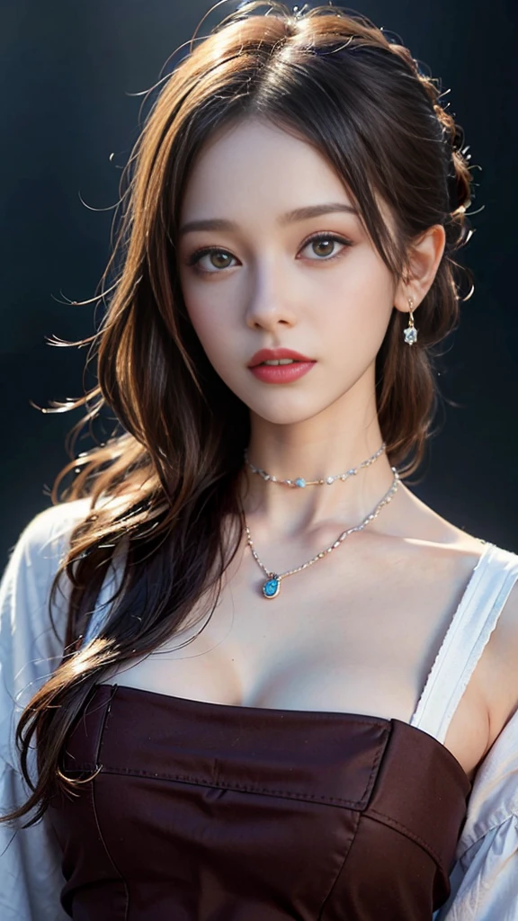 ((masterpiece:1.4)、(Highest quality:1.4)、(Realistic:1.7))、Masterpiece:1.4、Pretty Girl 0.3、(1 Girl:1.4)、pretty girl、(Portrait Photography:1.4)、(Close-up photo:1.7)、(An outfit that emphasizes beautiful breasts:1.4)、Sharp focus:1.5、Detailed eyes、double eyelid、{Long Hair}、Beautiful woman with perfect figure:1.4、Perfect proportions:1.4、(Anatomically correct body shape:1.4)、well-proportioned and beautiful udder:1.2、Upper body photo shoot:1.2、Beautiful expression、Resistance、Dark Background、ponytail、Nikon SLR D6、Natural light、Lighting technology that creates beautiful expressions、Ideal lighting、RAW Photos、Red lips、Beautiful face with long face、choker:1.4、necklace:1.4、Earrings:1.4、1 Screen Display