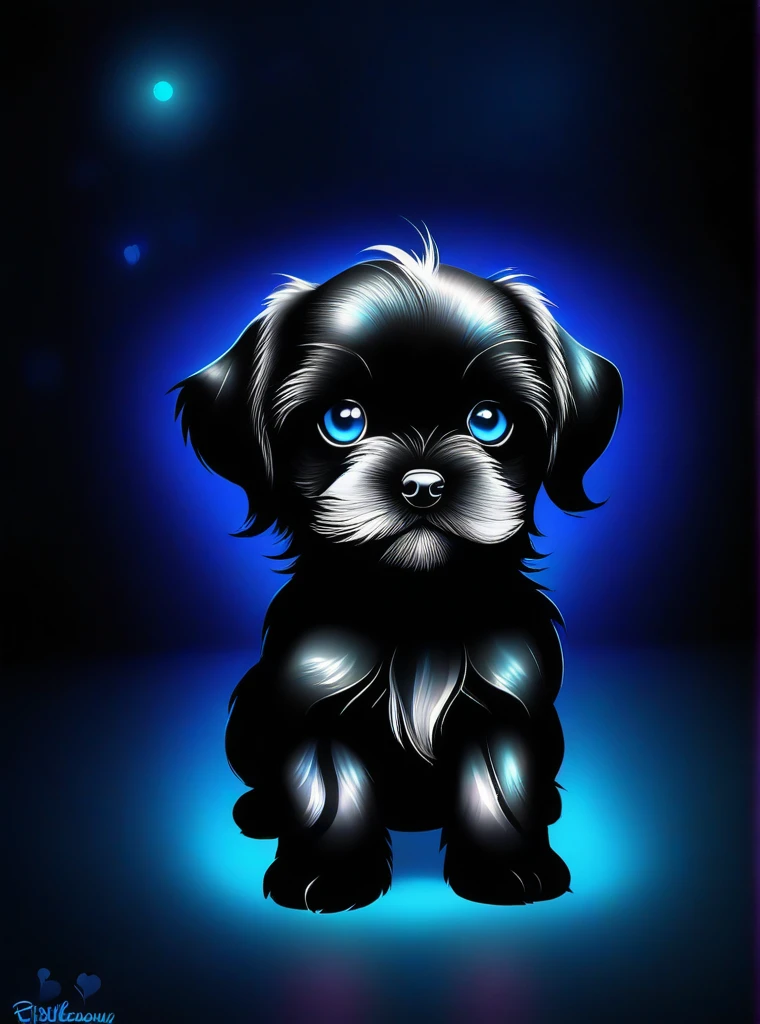 Black sih tzu puppy with glowing big bright blue eyes,in the style of dark reflections,background is My Little Pony,by Robby Cavanaugh,bunnyfilshnet, best quality, masterpiece, highres, absurdres, incredibly absurdres, huge filesize, wallpaper, colorful,8K,RAW photo