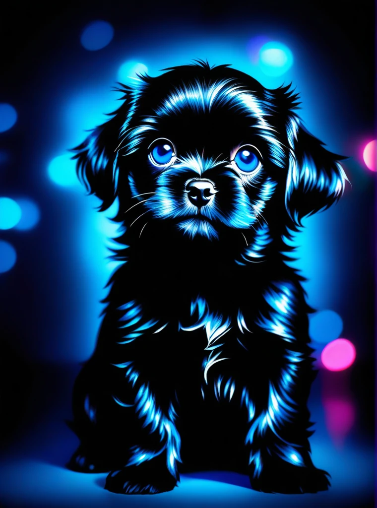 Black sih tzu puppy with glowing big bright blue eyes,in the style of dark reflections,background is My Little Pony,by Robby Cavanaugh,bunnyfilshnet, best quality, masterpiece, highres, absurdres, incredibly absurdres, huge filesize, wallpaper, colorful,8K,RAW photo