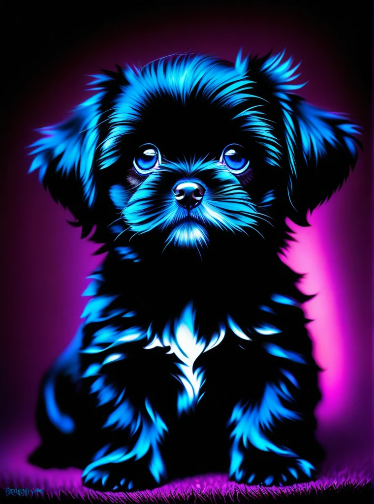 Black sih tzu puppy with glowing big bright blue eyes,in the style of dark reflections,background is My Little Pony,by Robby Cavanaugh,bunnyfilshnet, best quality, masterpiece, highres, absurdres, incredibly absurdres, huge filesize, wallpaper, colorful,8K,RAW photo